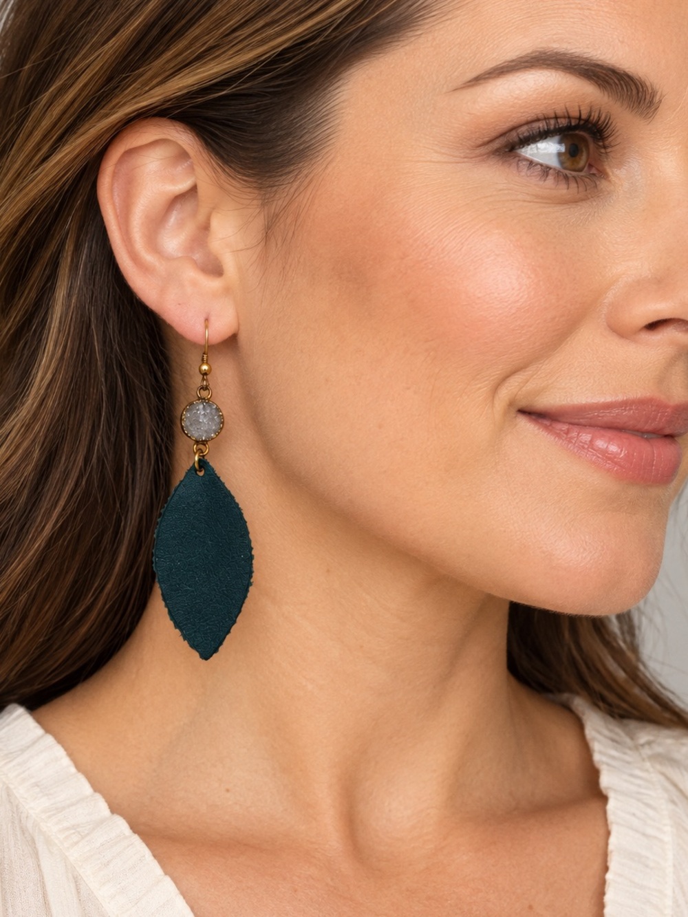 Love Poppy Teal Leather Leaf Druzy Dangle Earrings Gold Tone NEW